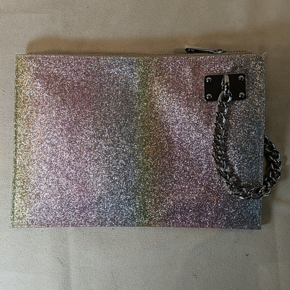 Nordstrom Rainbow Glitter Chain Pouch Bag Silver Makeup Cosmetics Clutch Purse